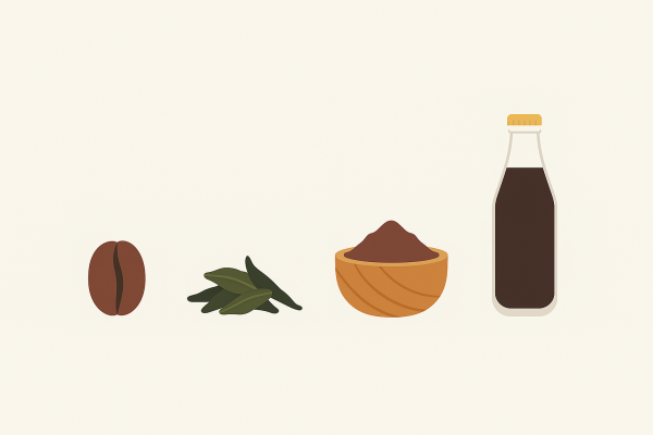 کافئین در چای، قهوه، نوشابه و کائوچو وجود دارد.